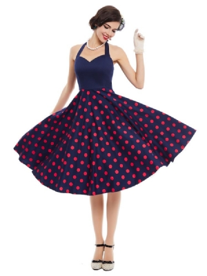 Damen Polka Dots V-ausschnitt Rückenfreies A-linien-kleid