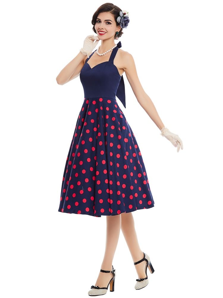 Damen Polka Dots V-ausschnitt Rückenfreies A-linien-kleid