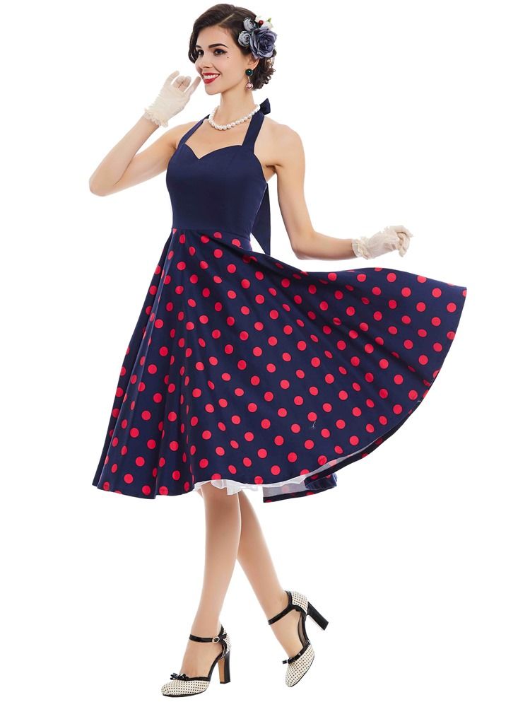 Damen Polka Dots V-ausschnitt Rückenfreies A-linien-kleid