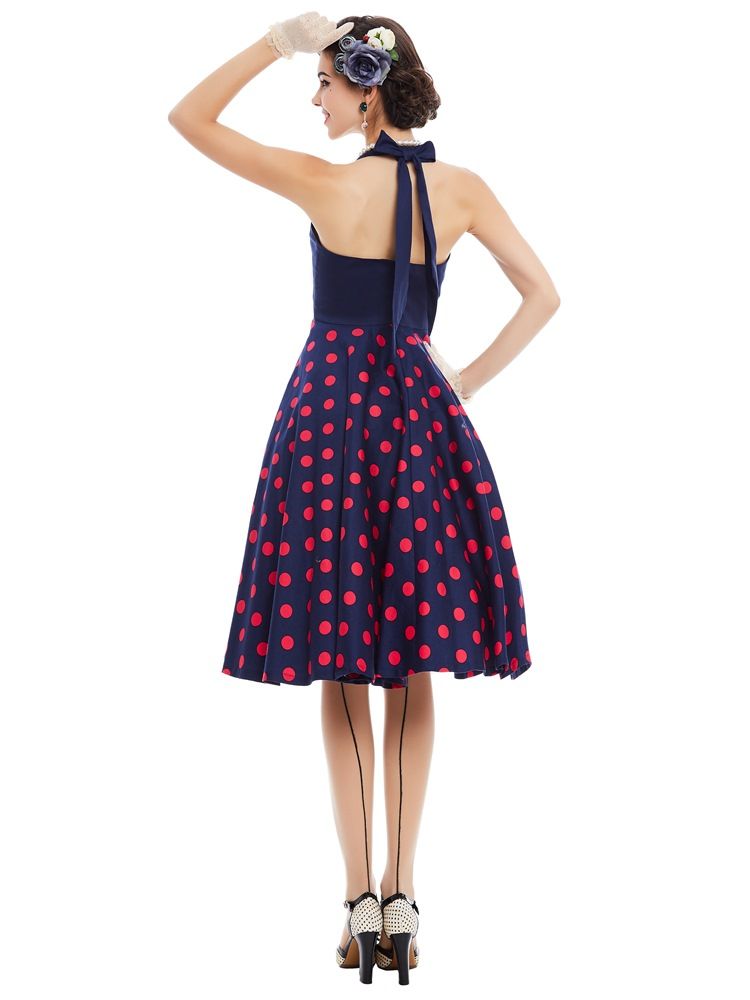 Damen Polka Dots V-ausschnitt Rückenfreies A-linien-kleid