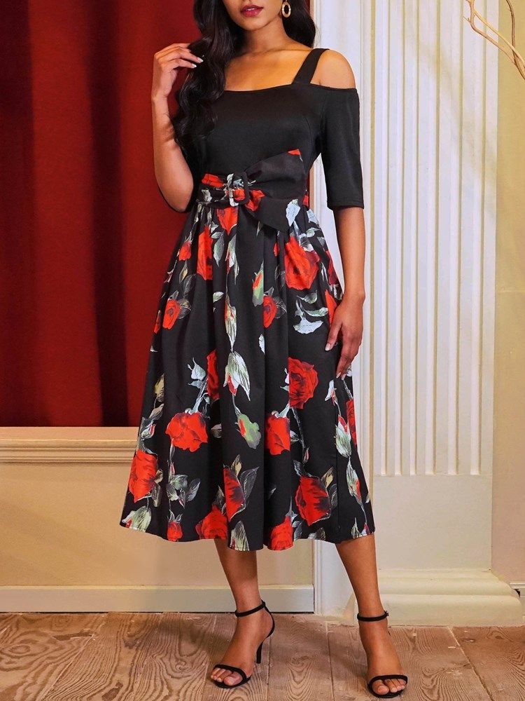 Damen-print Blumen-halbarm-mitte-waden-kleid Mit Kalten Schultern Und Gürtel