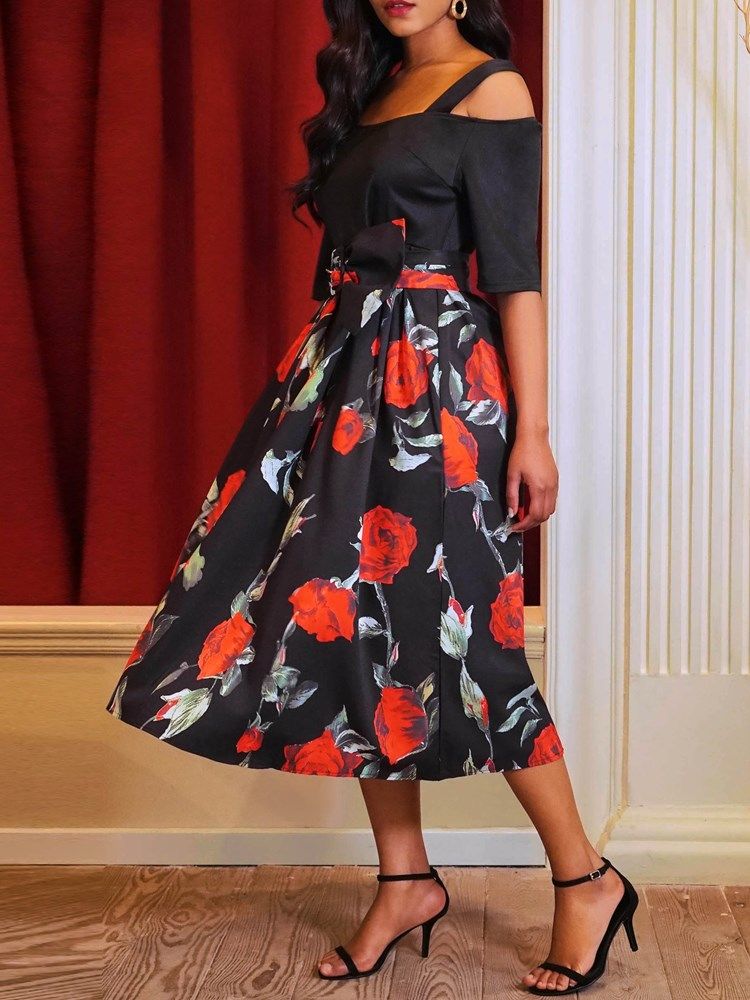 Damen-print Blumen-halbarm-mitte-waden-kleid Mit Kalten Schultern Und Gürtel