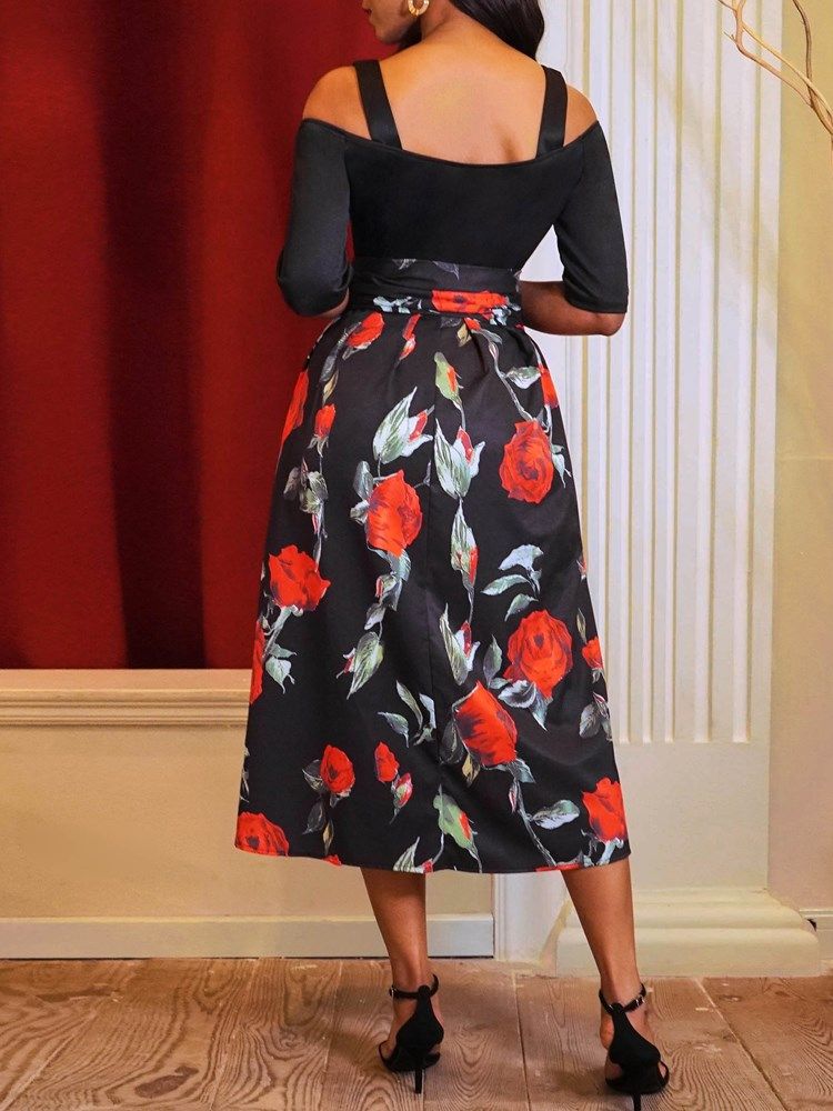 Damen-print Blumen-halbarm-mitte-waden-kleid Mit Kalten Schultern Und Gürtel