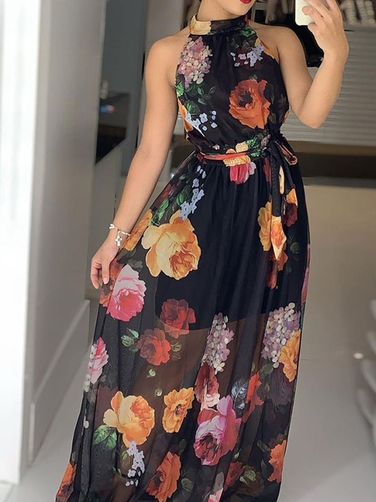 Damen Print Bodenlanger Stehkragen Süßes Kleid