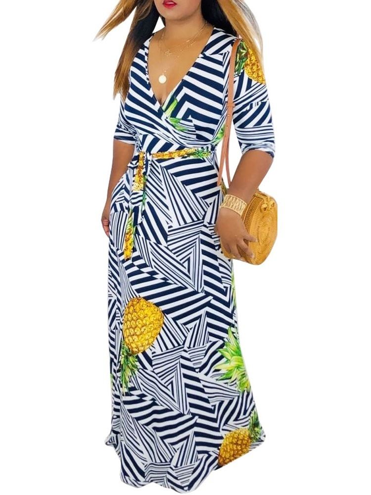 Damen-print Bodenlanger V-ausschnitt Mode Streifen Kleid