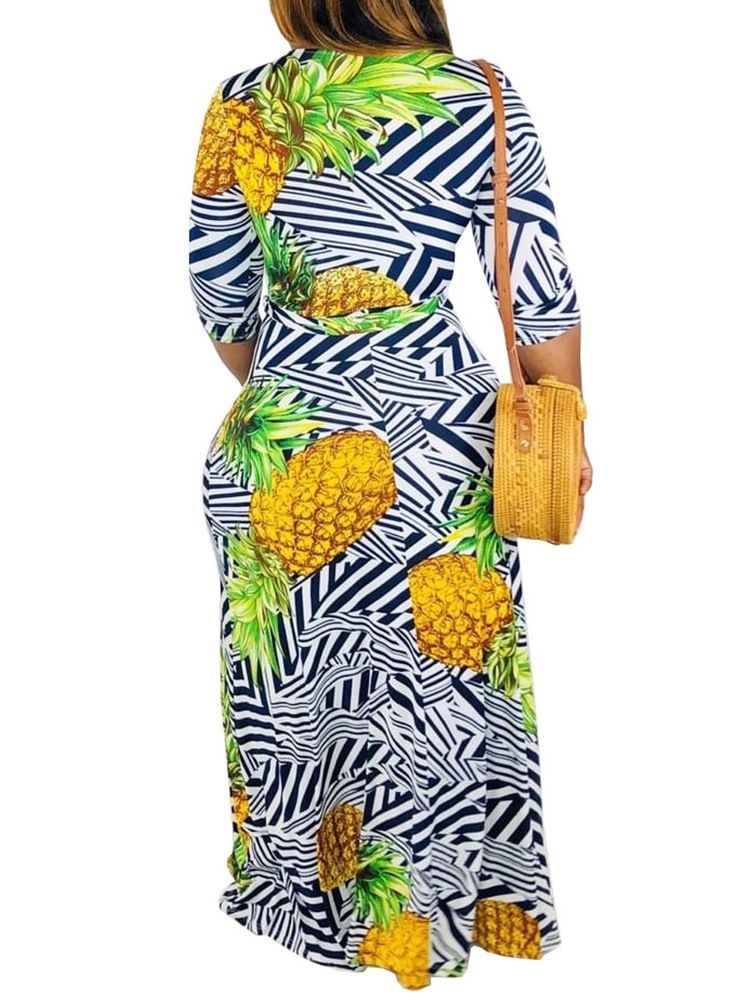 Damen-print Bodenlanger V-ausschnitt Mode Streifen Kleid