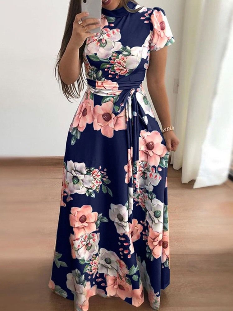 Damen Print Bodenlanges Kurzarm-pulloverkleid Mit Mittlerer Taille