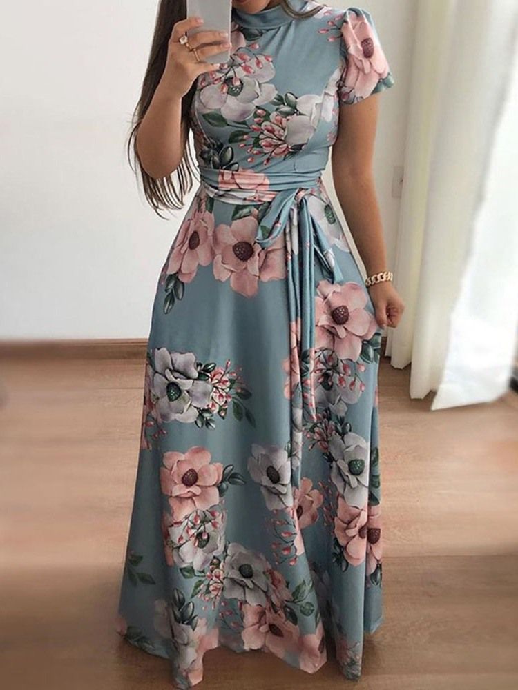 Damen Print Bodenlanges Kurzarm-pulloverkleid Mit Mittlerer Taille