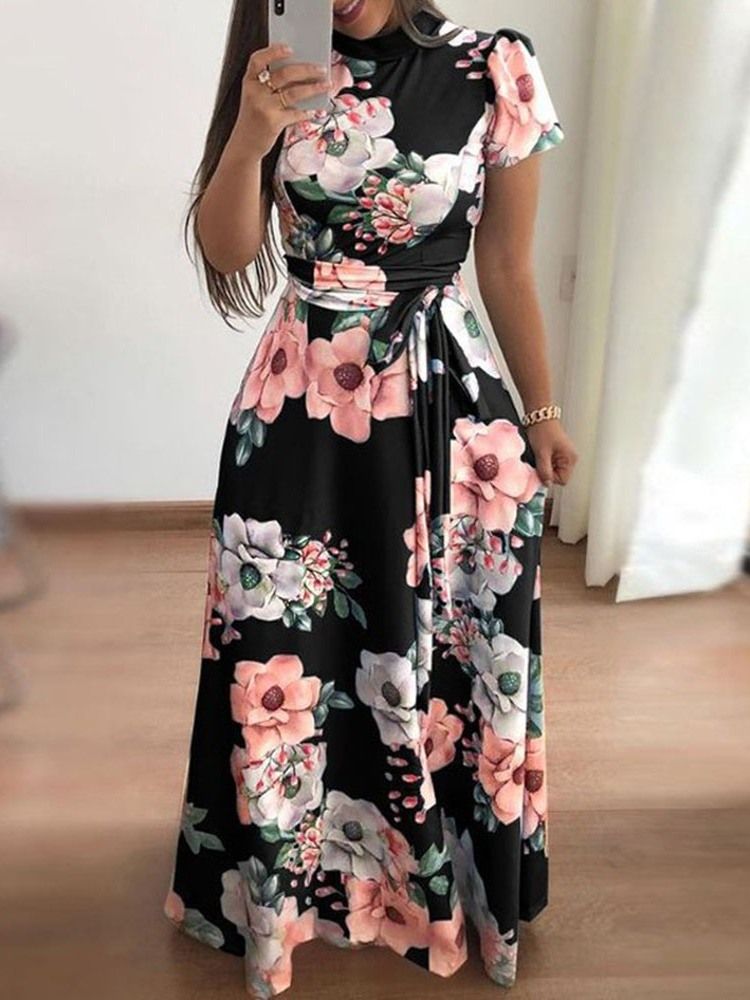 Damen Print Bodenlanges Kurzarm-pulloverkleid Mit Mittlerer Taille