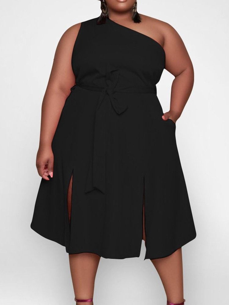 Damen Schrägkragen Ärmelloses Mid-waden Pullover Mode Plus Size Kleid