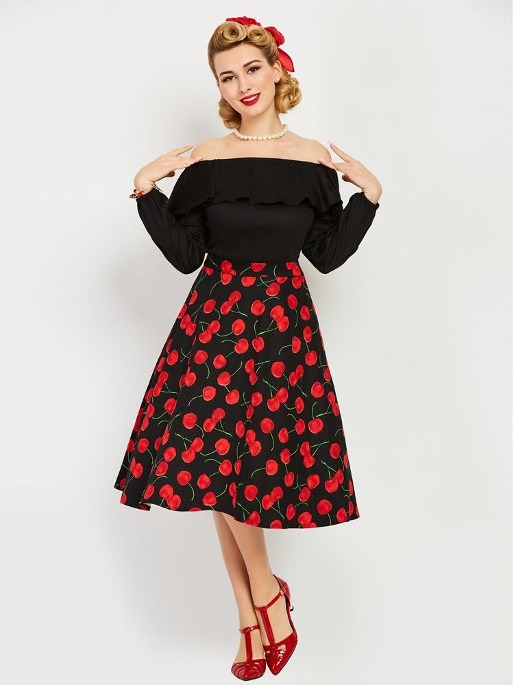 Damen-slash-neck-bottom-print Mit Langen Ärmeln A-linien-kleid