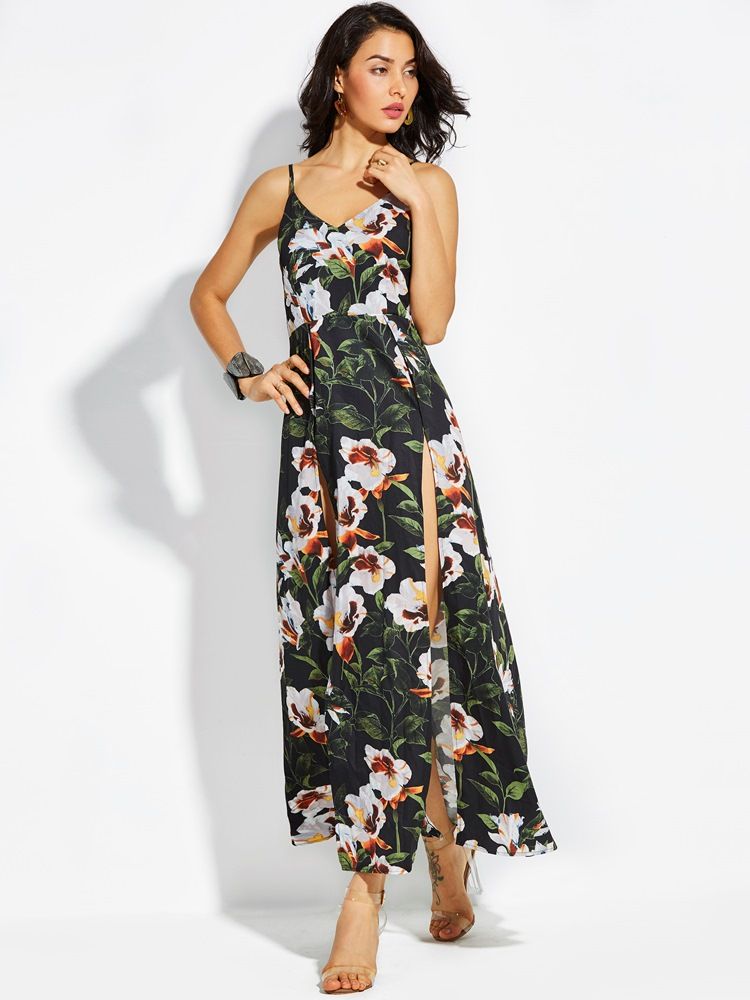 Damen Spaghettiträger Print Reißverschluss Maxikleid