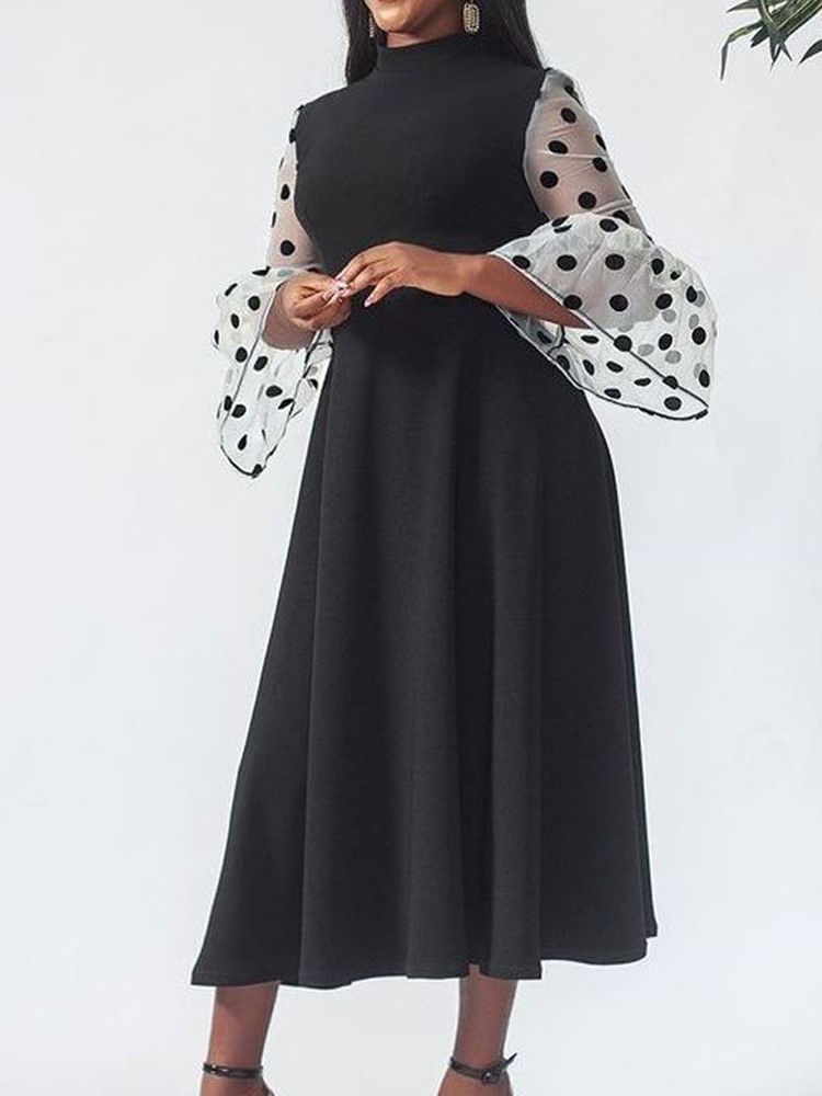 Damen Stehkragen Durchsichtige Neun Punkte Ärmel Pullover Polka Dots Maxi Schwarzes Kleid