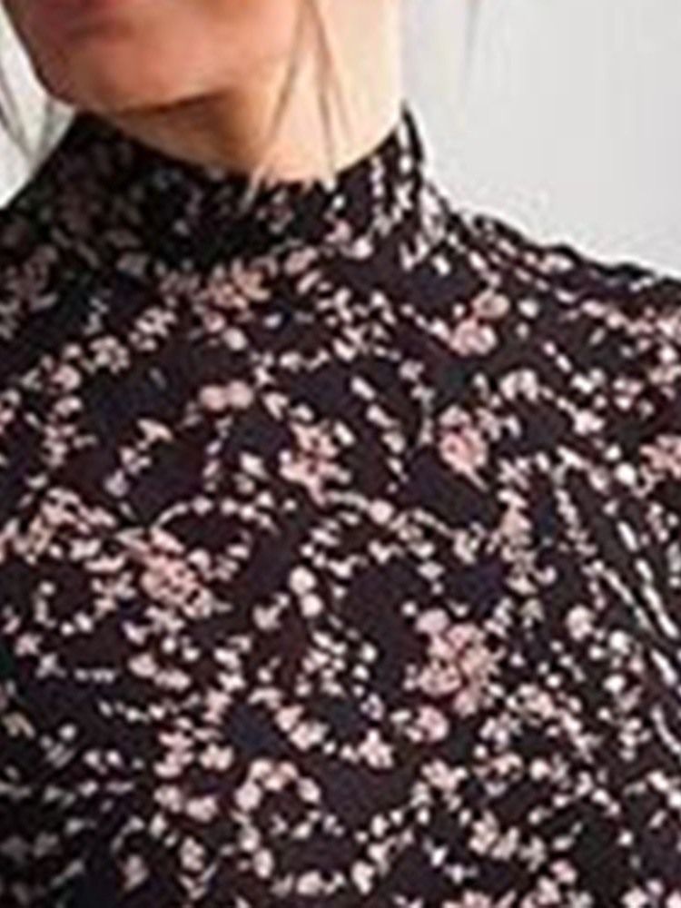 Damen Stehkragen Langarm Print Blumen Süßes Kleid