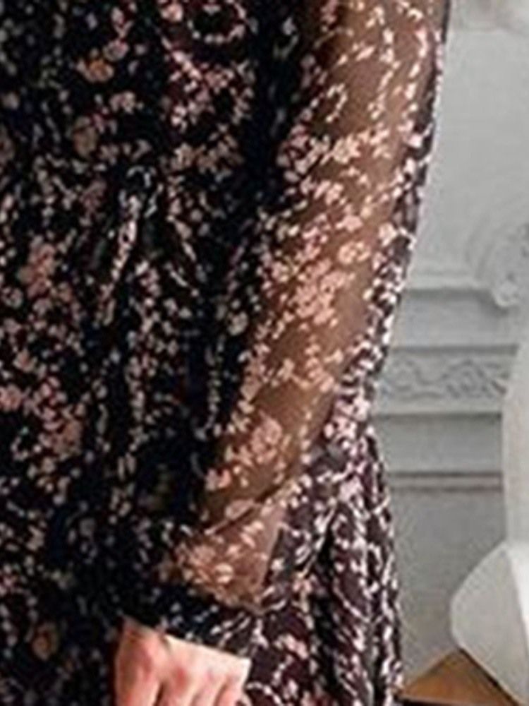 Damen Stehkragen Langarm Print Blumen Süßes Kleid