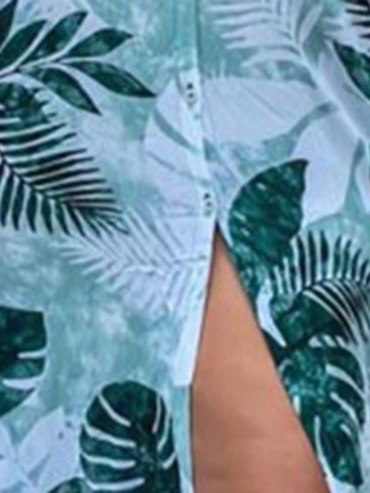 Damen Taschendruck Dreiviertelärmel Revers Sommer Freizeitkleid