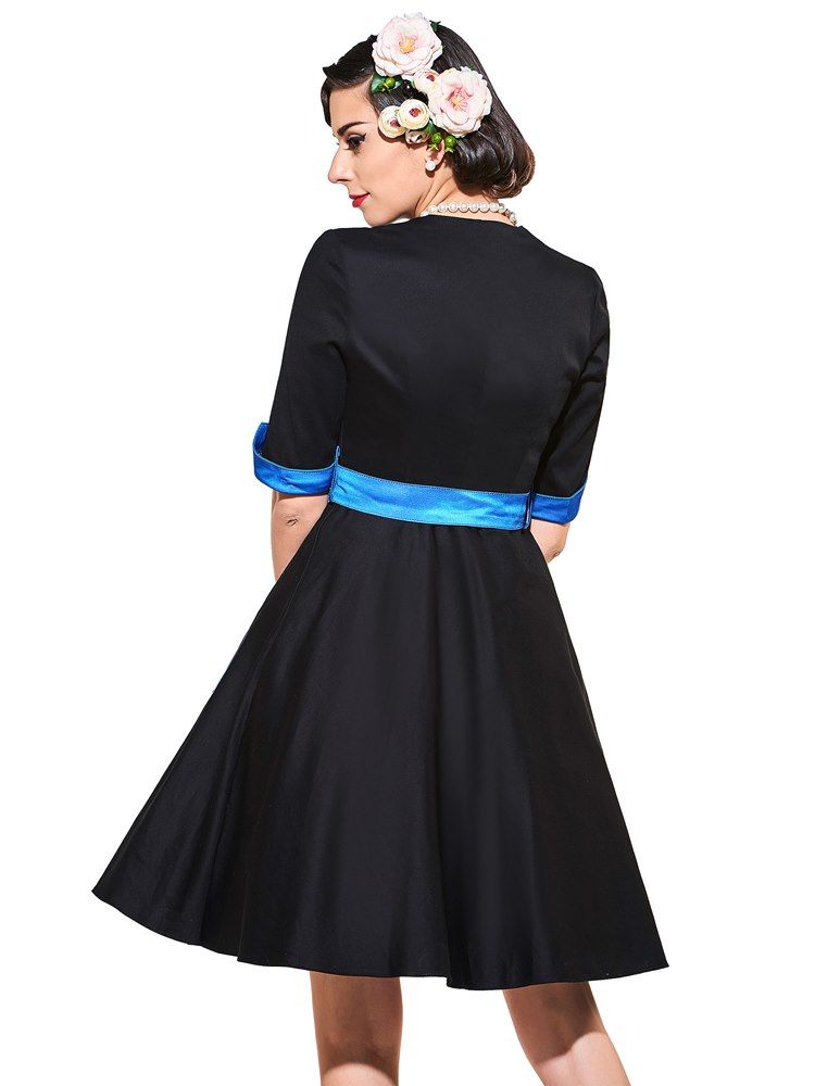 Damen V-ausschnitt Langarm Vintage A-linie Kleid