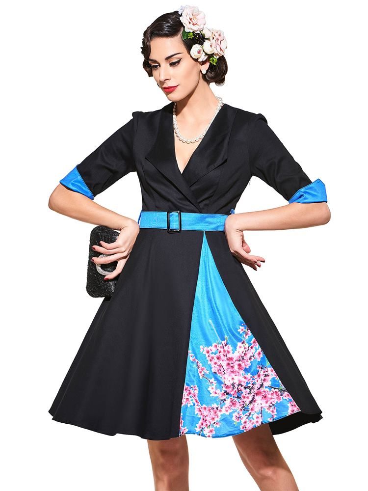 Damen V-ausschnitt Langarm Vintage A-linie Kleid