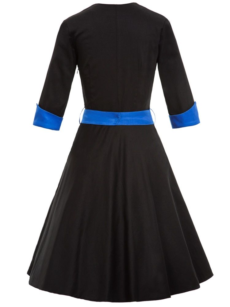 Damen V-ausschnitt Langarm Vintage A-linie Kleid