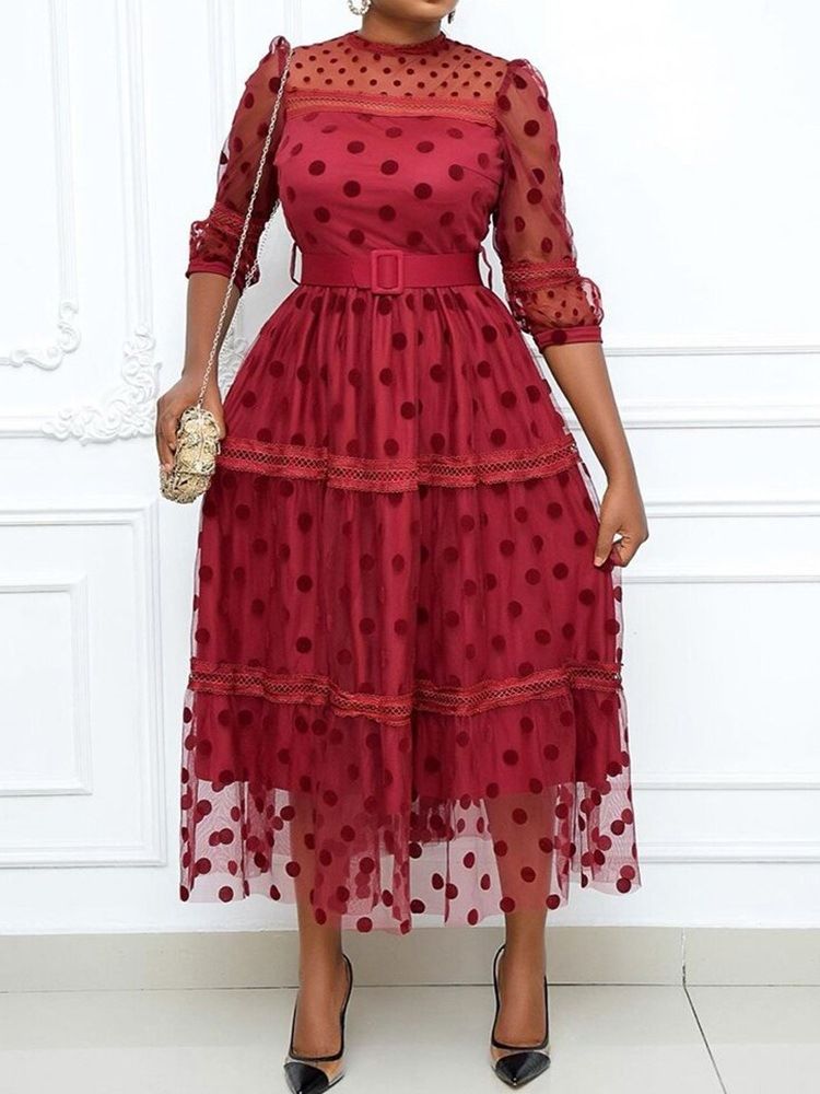 Dreiviertel Ärmel Patchwork Knöchellang Polka Dots Süßes Damenkleid