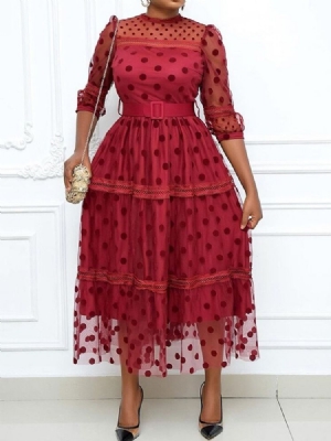 Dreiviertel Ärmel Patchwork Knöchellang Polka Dots Süßes Damenkleid