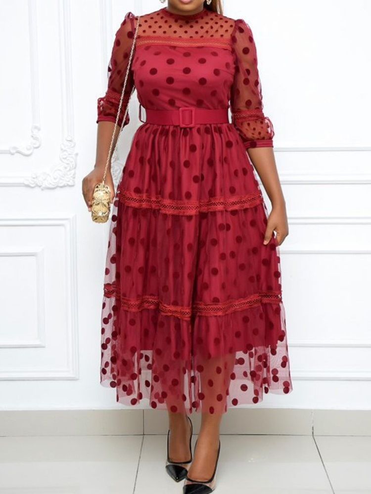 Dreiviertel Ärmel Patchwork Knöchellang Polka Dots Süßes Damenkleid