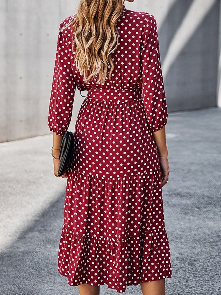 Dreiviertel-ärmel Wadenmitte V-ausschnitt Polka Dots A-linie Damenkleid