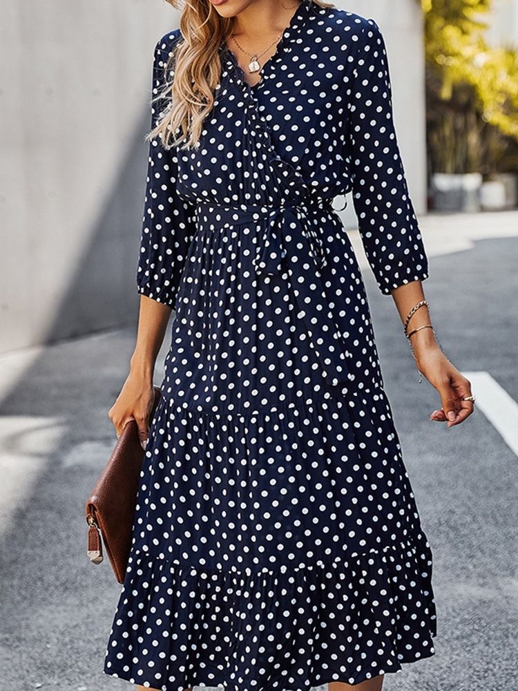 Dreiviertel-ärmel Wadenmitte V-ausschnitt Polka Dots A-linie Damenkleid