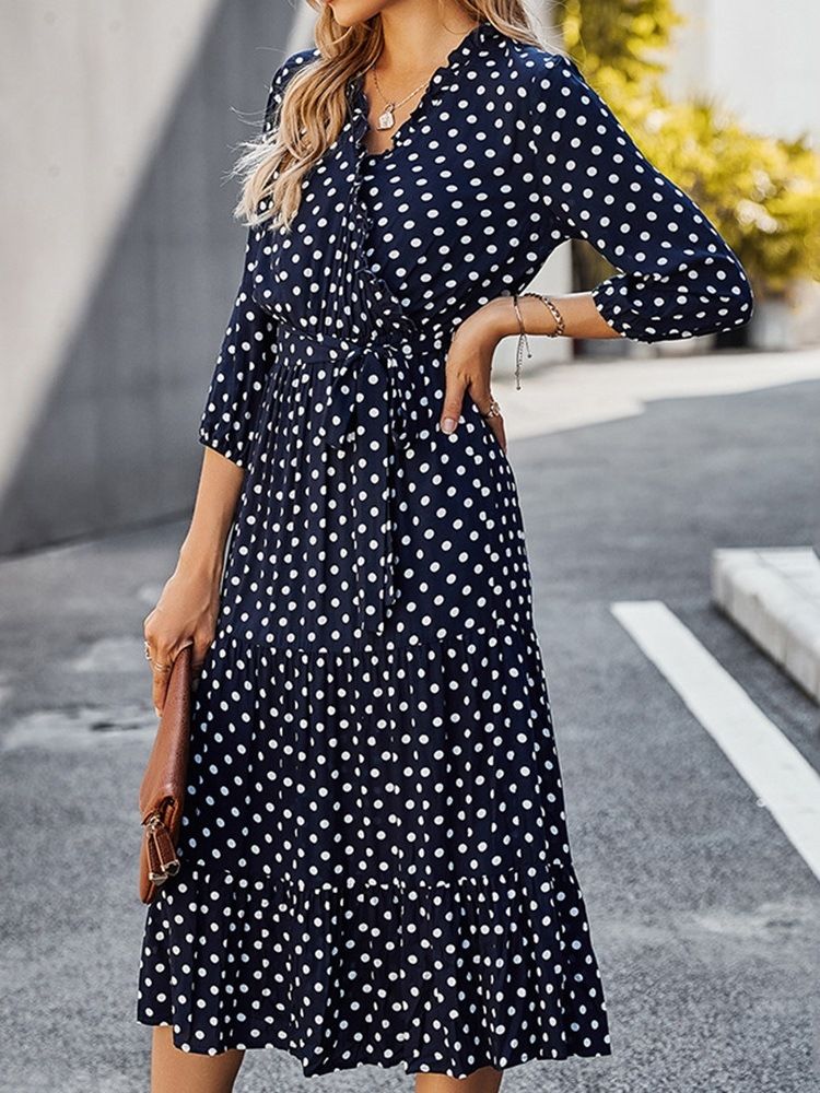 Dreiviertel-ärmel Wadenmitte V-ausschnitt Polka Dots A-linie Damenkleid