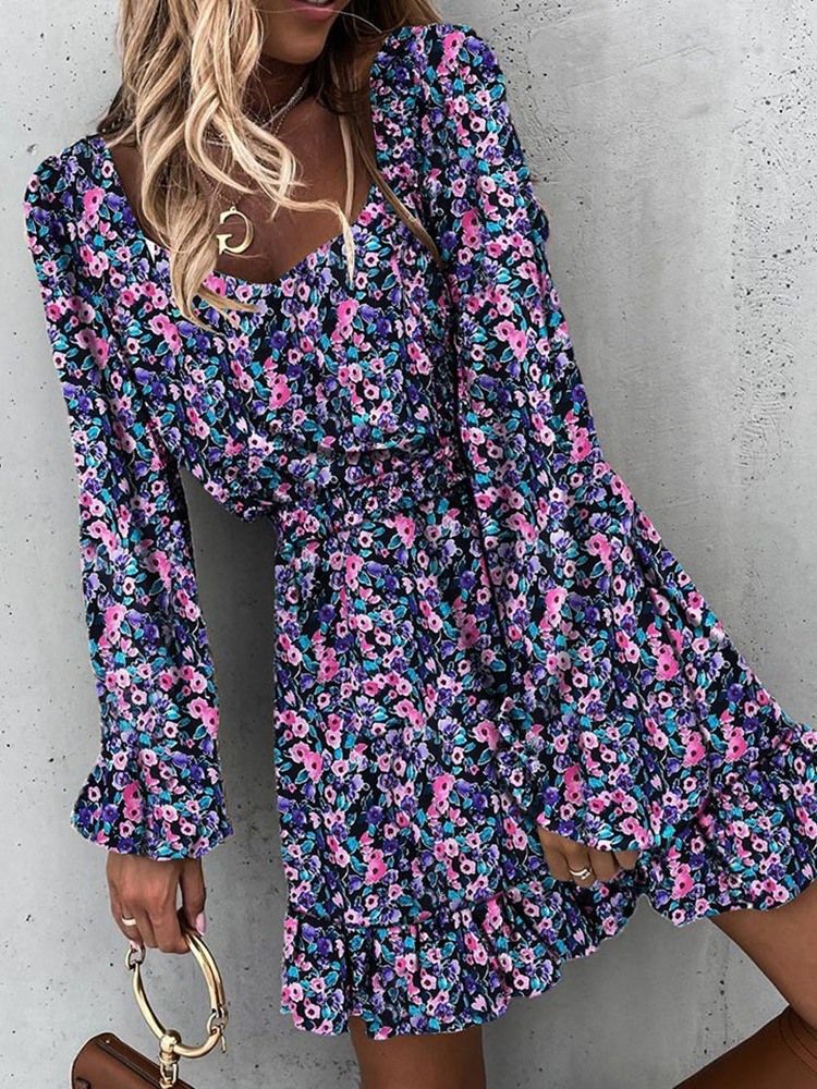 Druck Über Dem Knie Langarm Blumenpullover Damenkleid