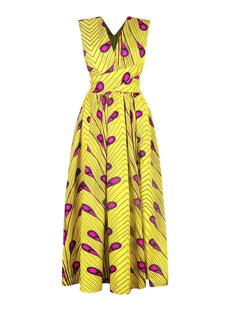 Frauen African Fashion Rückenfreies Bodenlanges A-linien-kleid Mit V-ausschnitt