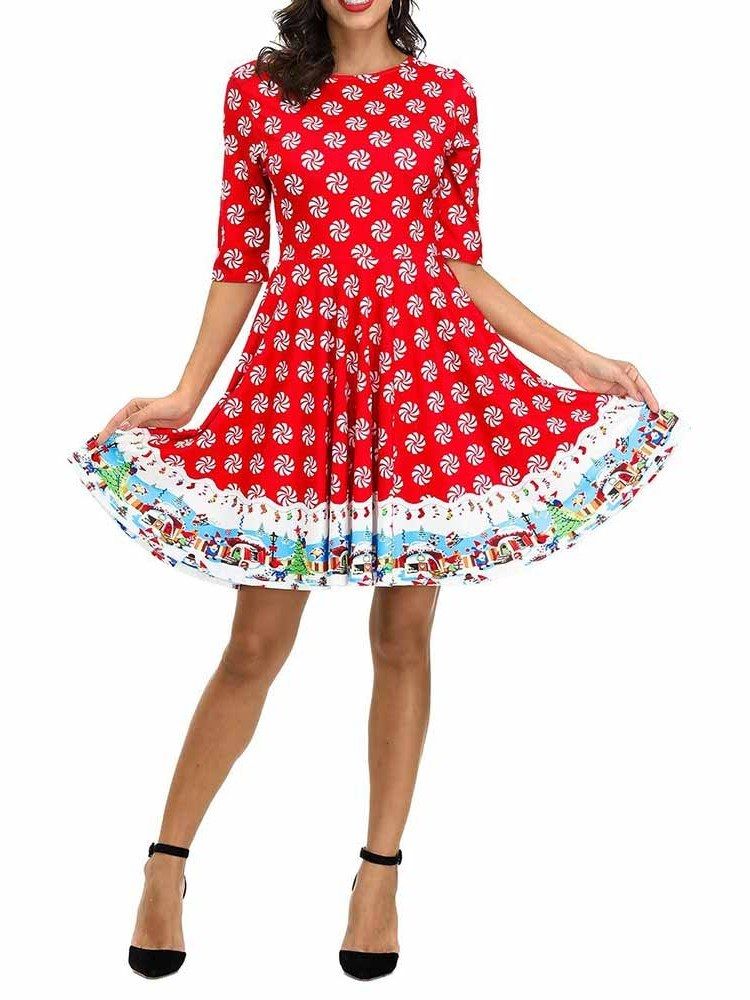 Frauen Weihnachten Rundhals Print Kurzarm Sommer Cartoon Kleid