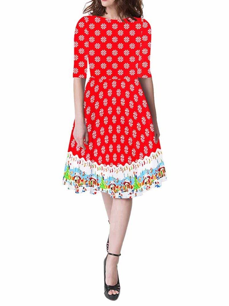 Frauen Weihnachten Rundhals Print Kurzarm Sommer Cartoon Kleid