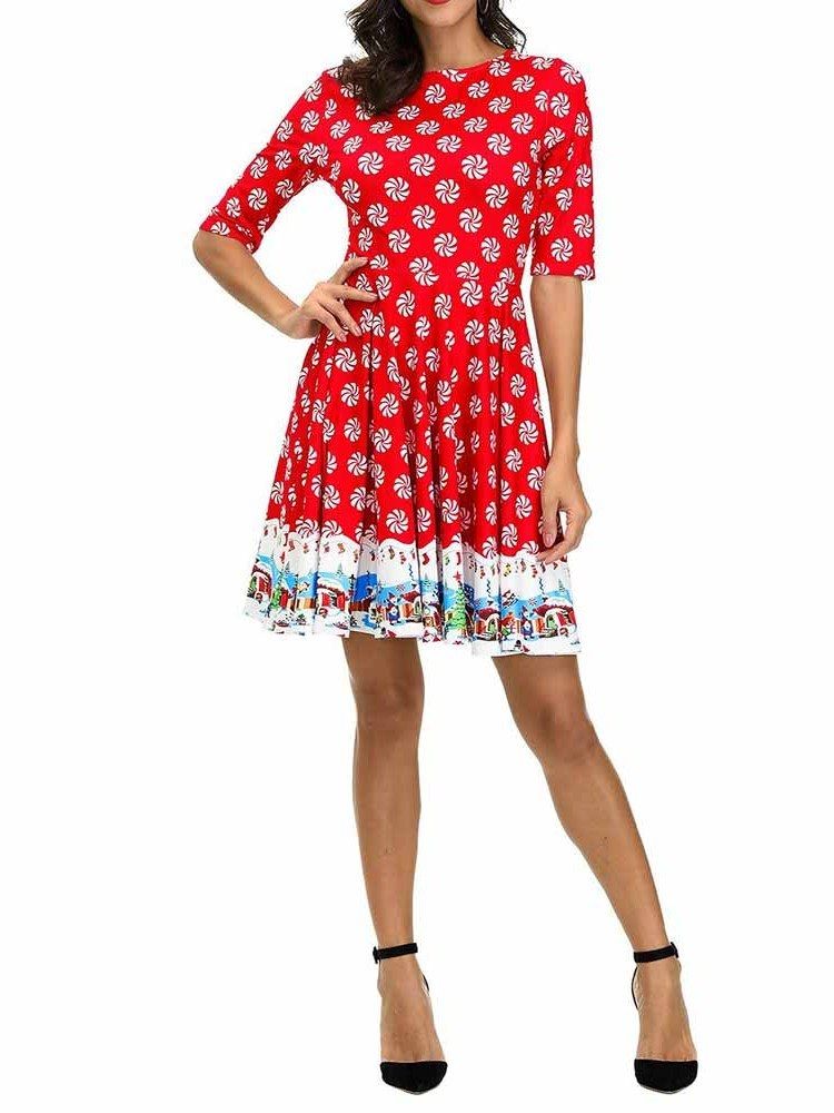 Frauen Weihnachten Rundhals Print Kurzarm Sommer Cartoon Kleid