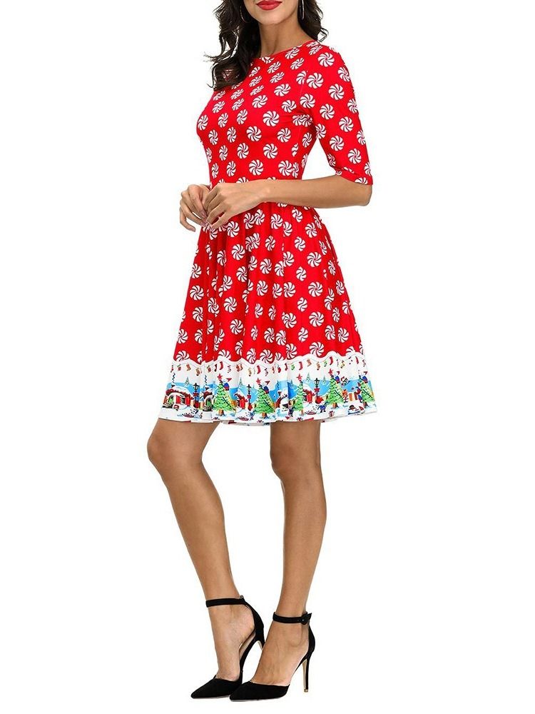 Frauen Weihnachten Rundhals Print Kurzarm Sommer Cartoon Kleid