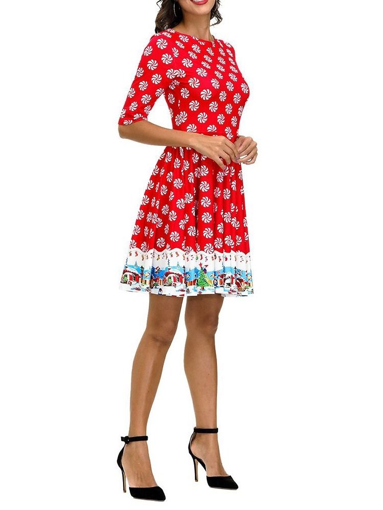 Frauen Weihnachten Rundhals Print Kurzarm Sommer Cartoon Kleid