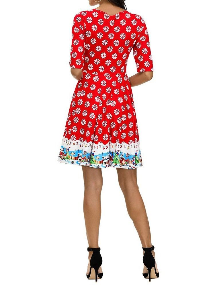 Frauen Weihnachten Rundhals Print Kurzarm Sommer Cartoon Kleid