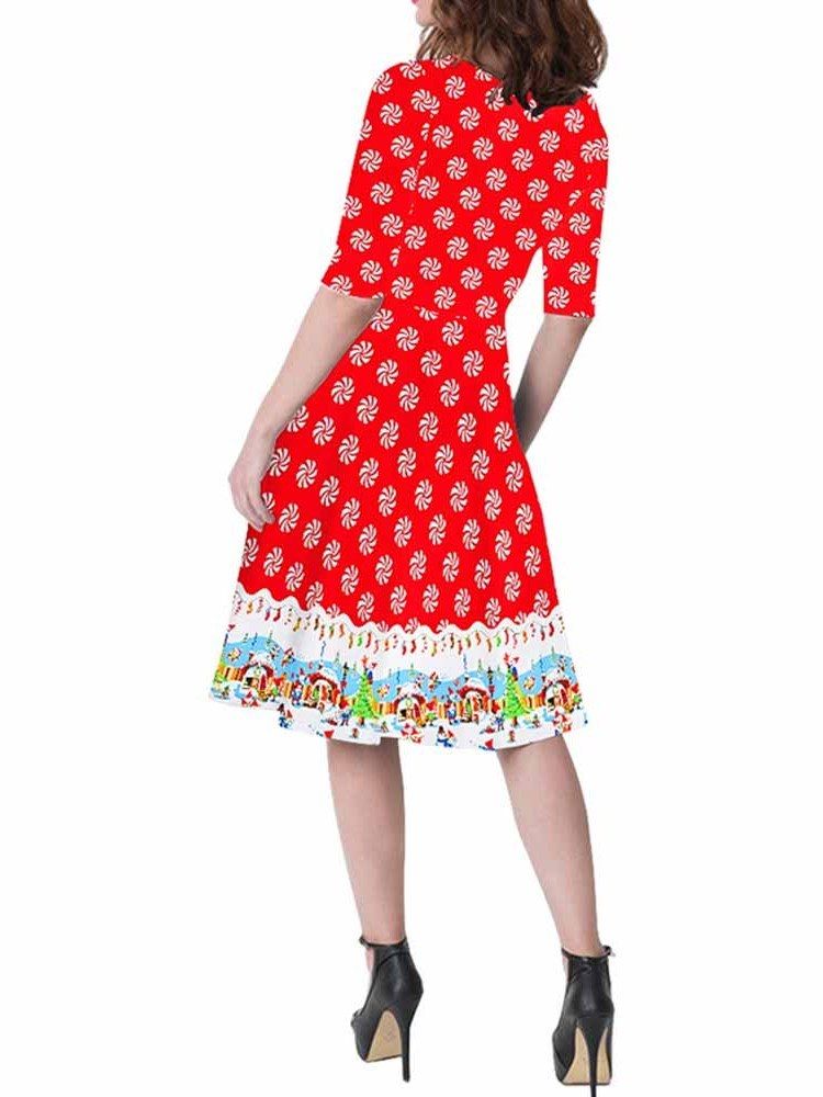 Frauen Weihnachten Rundhals Print Kurzarm Sommer Cartoon Kleid