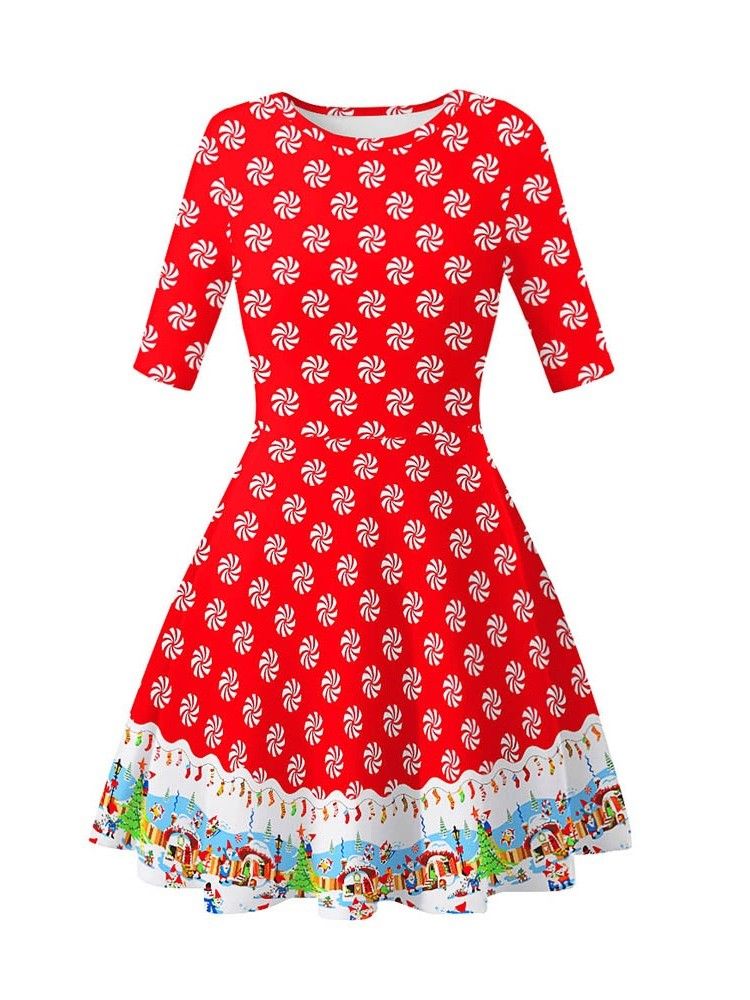 Frauen Weihnachten Rundhals Print Kurzarm Sommer Cartoon Kleid