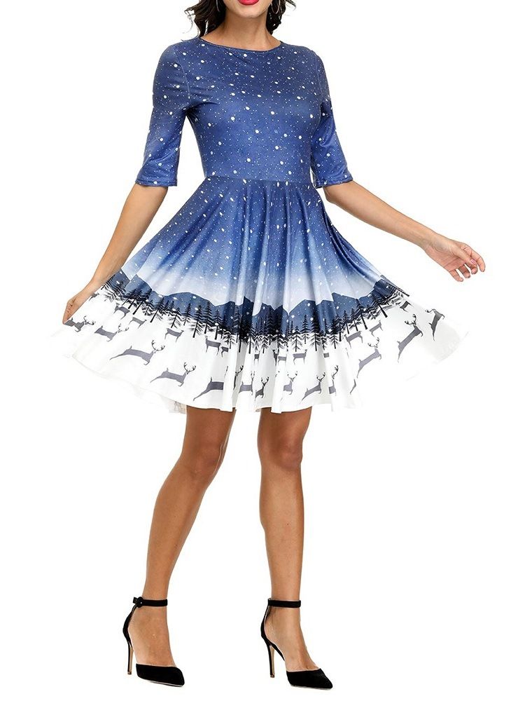 Frauen Weihnachtsdruck Rundhals Kurzarm Cartoon Sommerkleid