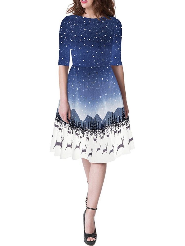 Frauen Weihnachtsdruck Rundhals Kurzarm Cartoon Sommerkleid