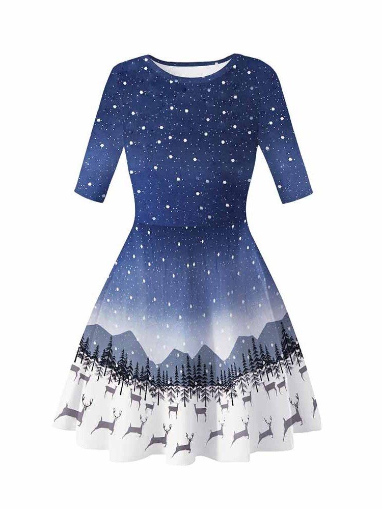 Frauen Weihnachtsdruck Rundhals Kurzarm Cartoon Sommerkleid