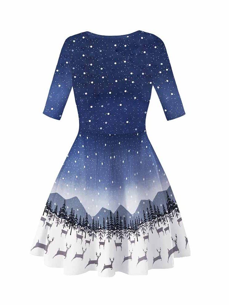 Frauen Weihnachtsdruck Rundhals Kurzarm Cartoon Sommerkleid