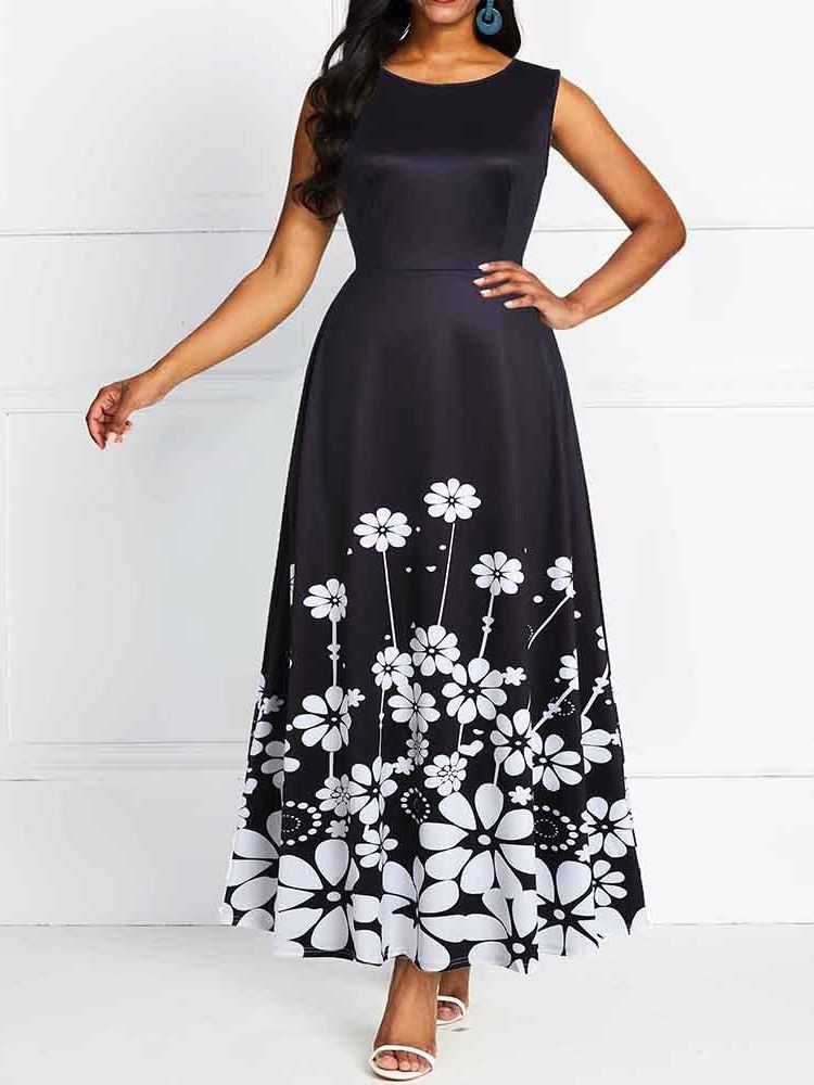 Knöchellanges Ärmelloses Ärmelloses Blumenkleid Mit Print-print Für Damen