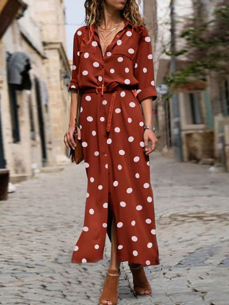 Knöchellanges Einreihiges Kleid Mit Dreiviertelärmeln Und Polka Dots Für Damen