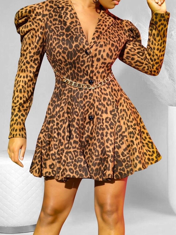 Knopf Langarm Über Dem Knie Mode Leopard Damenkleid