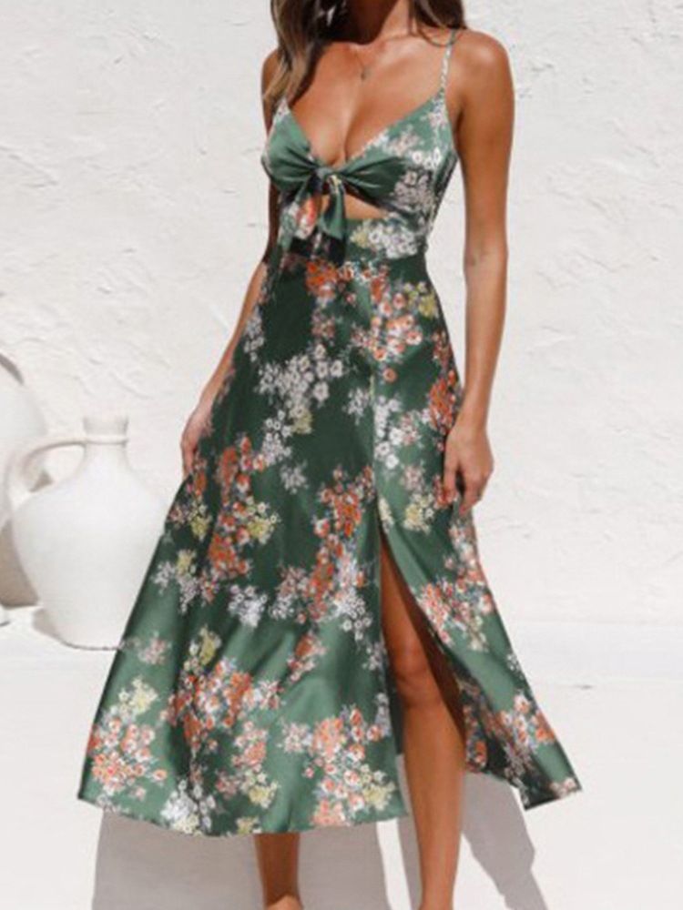 Mitte Der Wade Split Ärmellos A-linie Blumen Maxikleid Strandkleider Für Frauen Hochzeitsgast Kleid