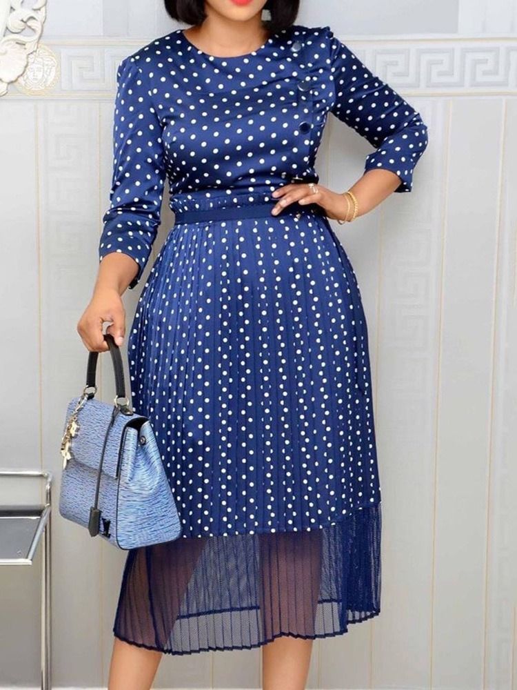 Neun Punkte Ärmel Mittelhohe Rundhalsausschnitt A-linie Polka Damen Kleid Mit Punkten