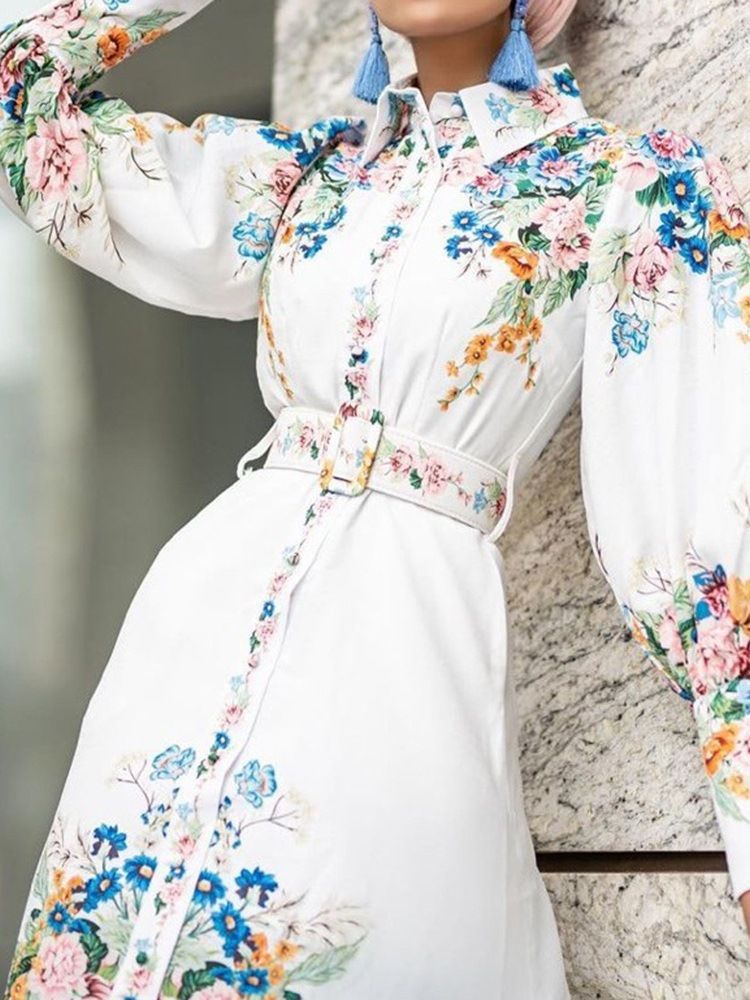 Patchwork Langarm Knöchellang Blumen A-linie Damen Kleid