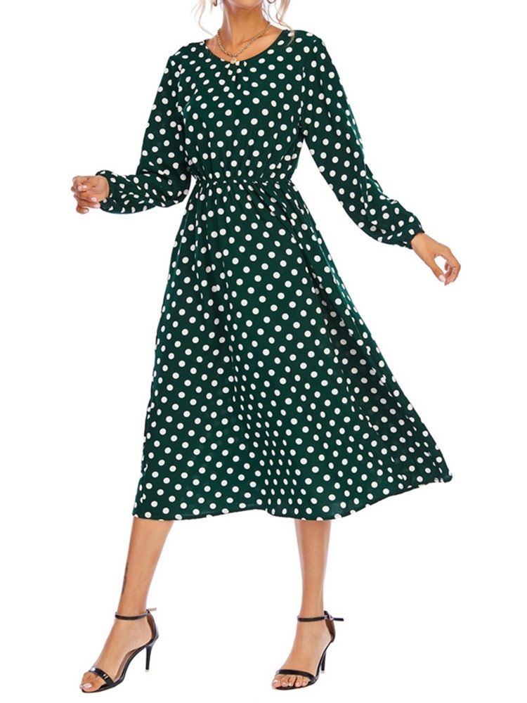 Patchwork Rundhalsausschnitt Langarm Herbst Polka Dots Damenkleid